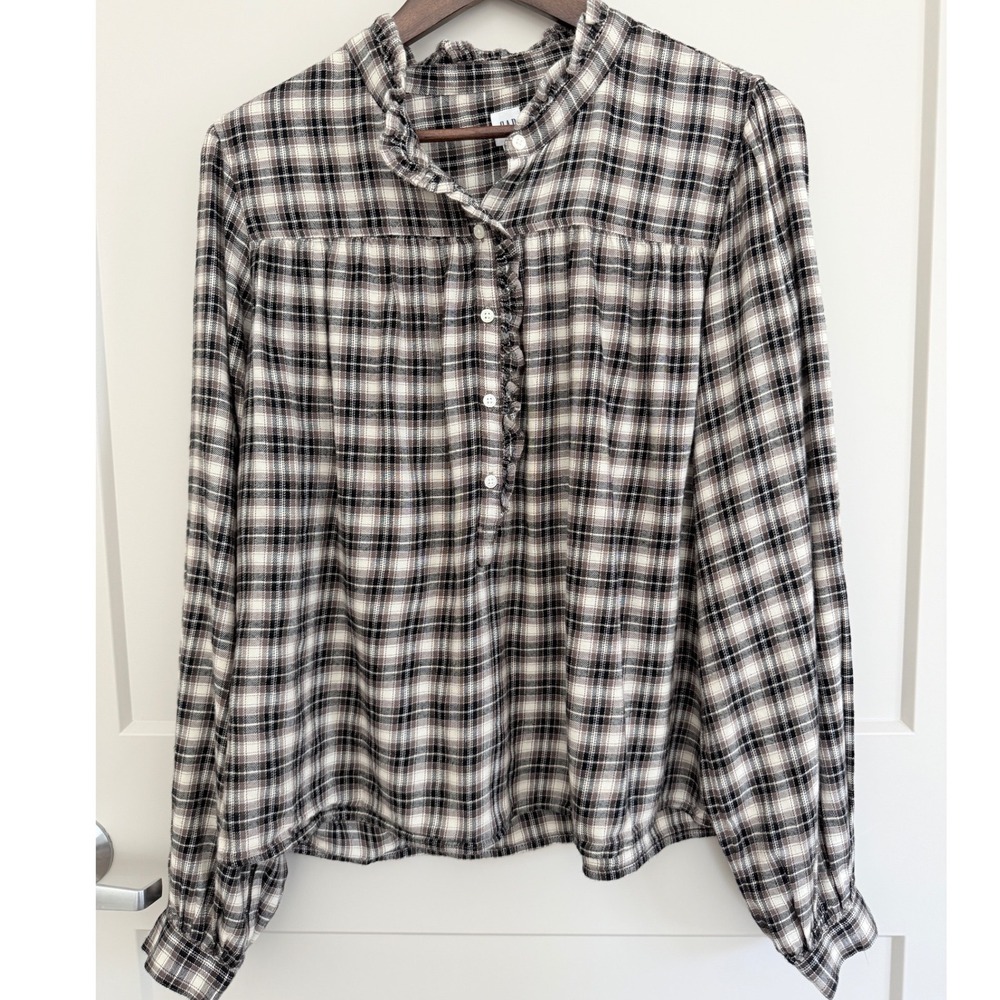 GAP Brown Black Plaid Flannel Ruffle Front Button Up Popover Blouse Size Large